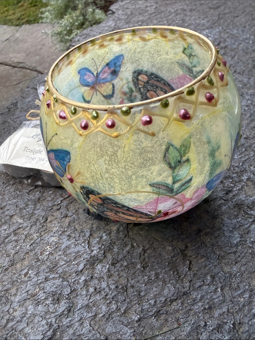 Hand-Painted Butterfly Glass Tea Light Holder in Blue, Pink and Gold - Picture 16 of 16